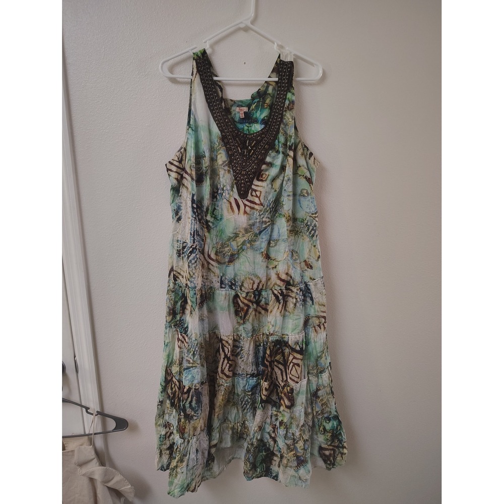 Reba  Green Abstract Batik Print Beaded Crochet V-Neck Tiered Dress 20W